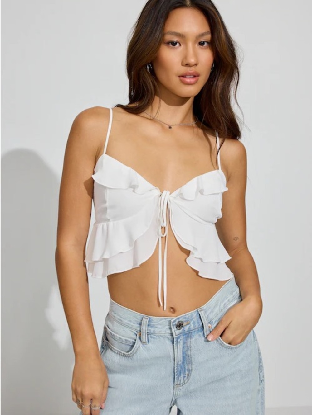 ◾️NEW! Windsor White Ruffle Tie-Front Cami Top